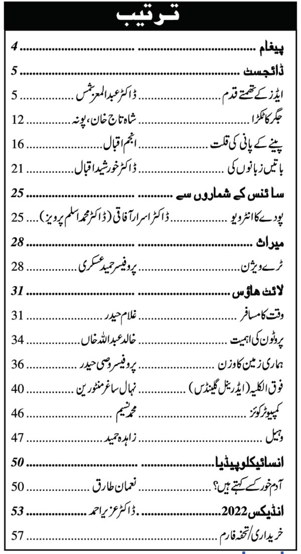 Urdu Science Monthly Title December 2022 index of the topics