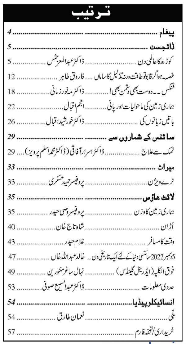 Urdu Science Monthly Title January 2023 Index of topics