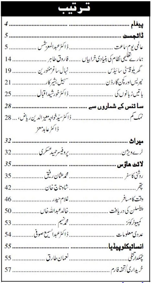 Urdu Science Monthly Title March 2023 Index of topics