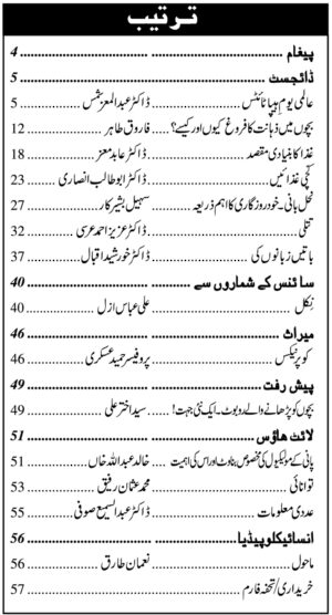 Urdu Science Monthly Title Jjuly 2023 Index of topics