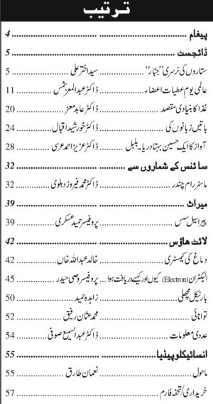 Urdu Science Monthly Title August 2023 Index of topics