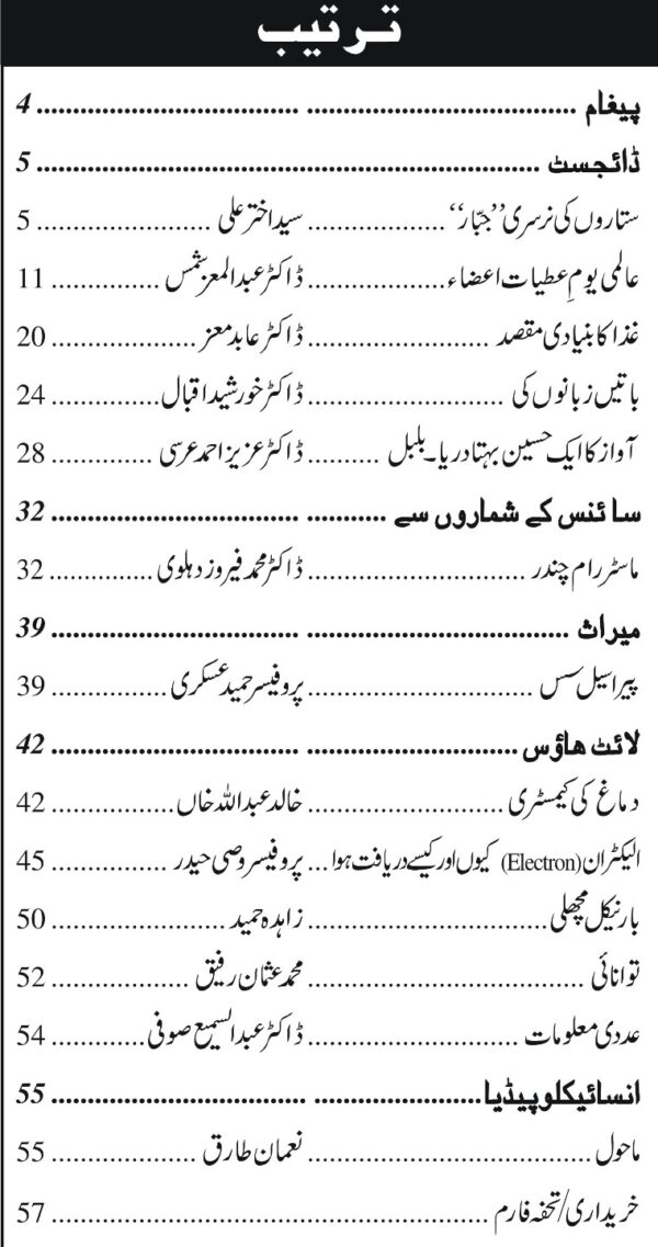 Urdu Science Monthly Title August 2023 Index of topics