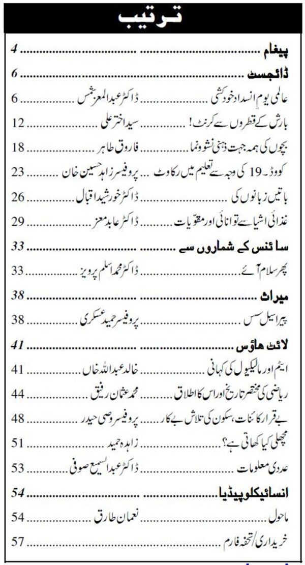 Urdu Science Monthly Title September 2023 Index of topics